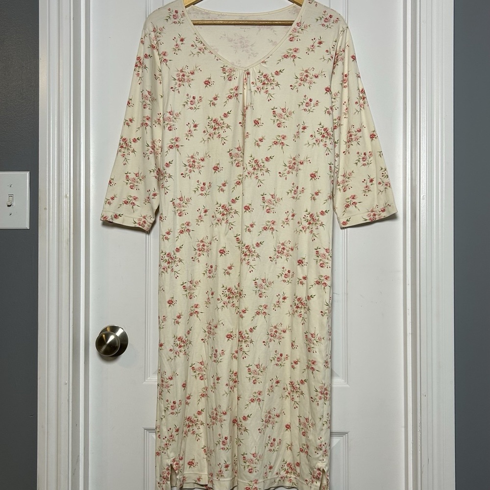 L.L.Bean 100% Supima Cotton Cream Red Pink Floral 3/4 Sleeve Nightgown Nap Dress